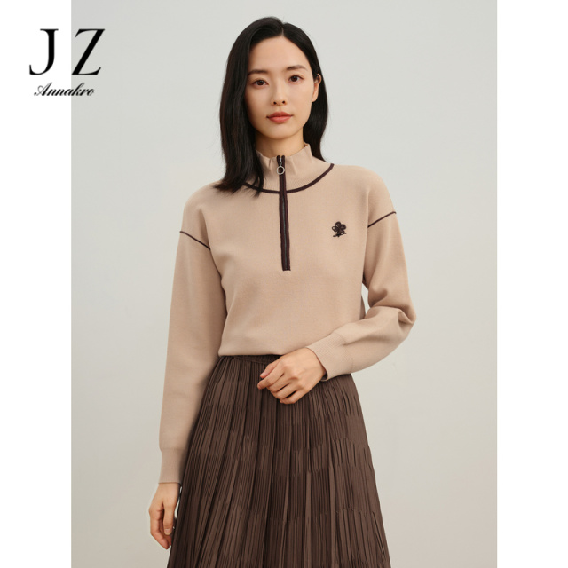 12810901.商场同款JZ玖姿轻运动撞色拉链领毛衫女冬季新款JWDD31013