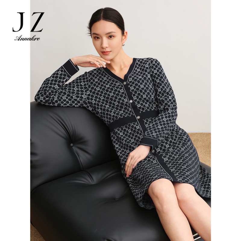 12809431.商场同款JZ玖姿优雅复古老花毛衫连衣裙女秋新款JWDQ31401