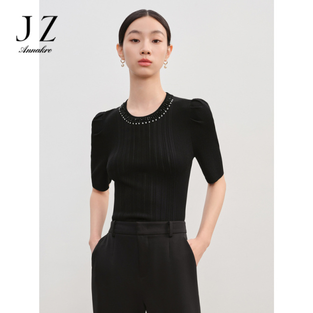 12809865.商场同款JZ玖姿摩登重工烫钻短袖针织衫女春秋季新款JZEC31205