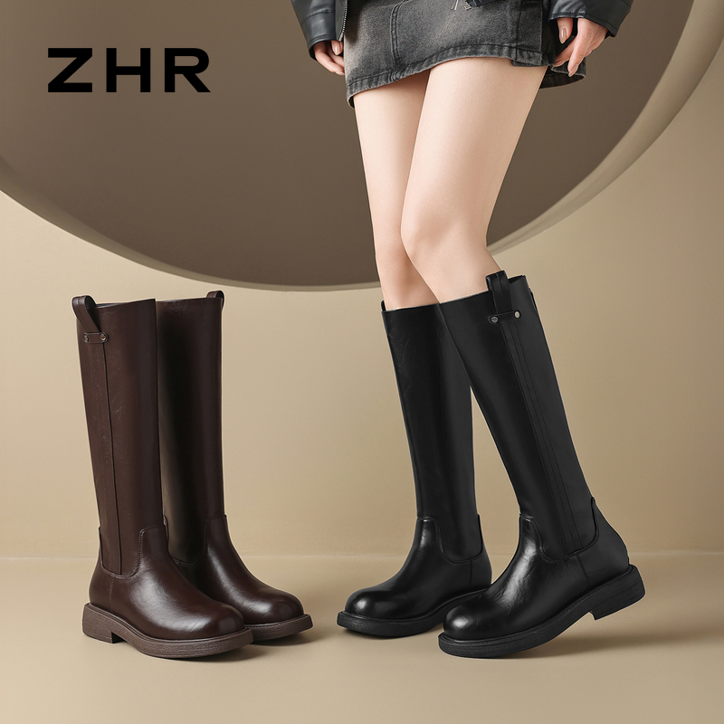 13836050.【ZHR则则】长筒靴圆头后拉链侧提带厚底女鞋[PU]