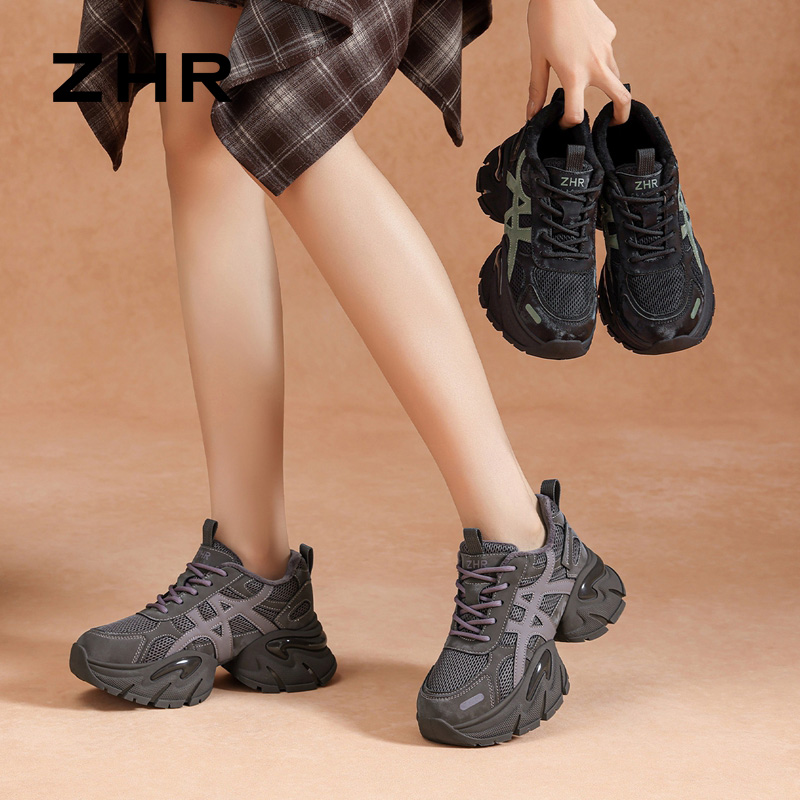 12817155.【ZHR则则】老爹鞋圆头系带厚底女鞋[PU+网布]