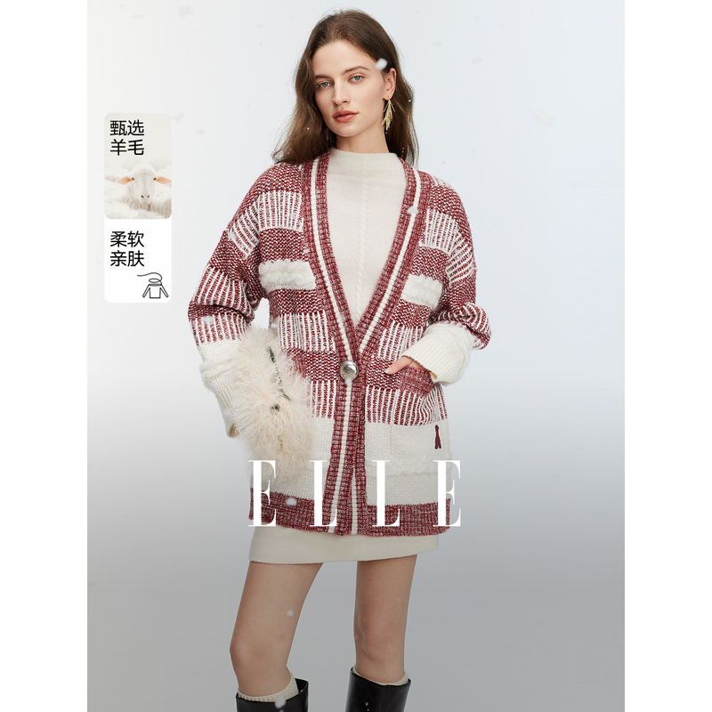 12817515.ELLE【商家同款】法式慵懒风异色坑条针织开衫女外套