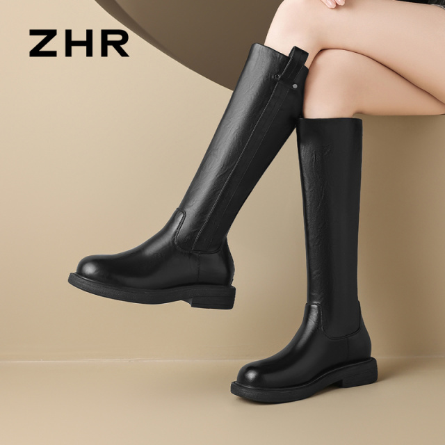 13836050.【ZHR则则】长筒靴圆头后拉链侧提带厚底女鞋[PU]
