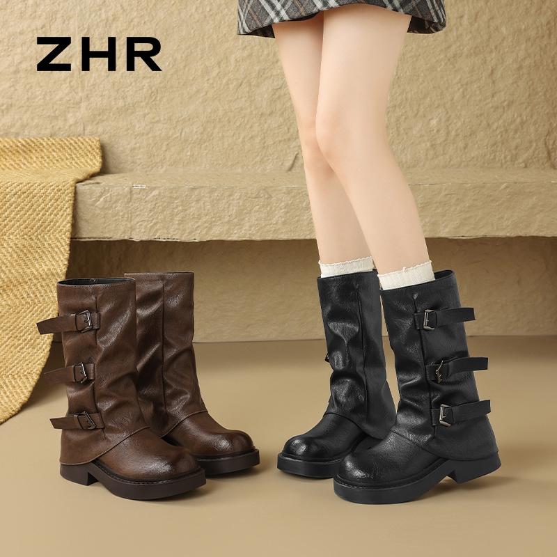 13836066.【ZHR则则】长筒靴套脚圆头显瘦厚底女鞋[PU]