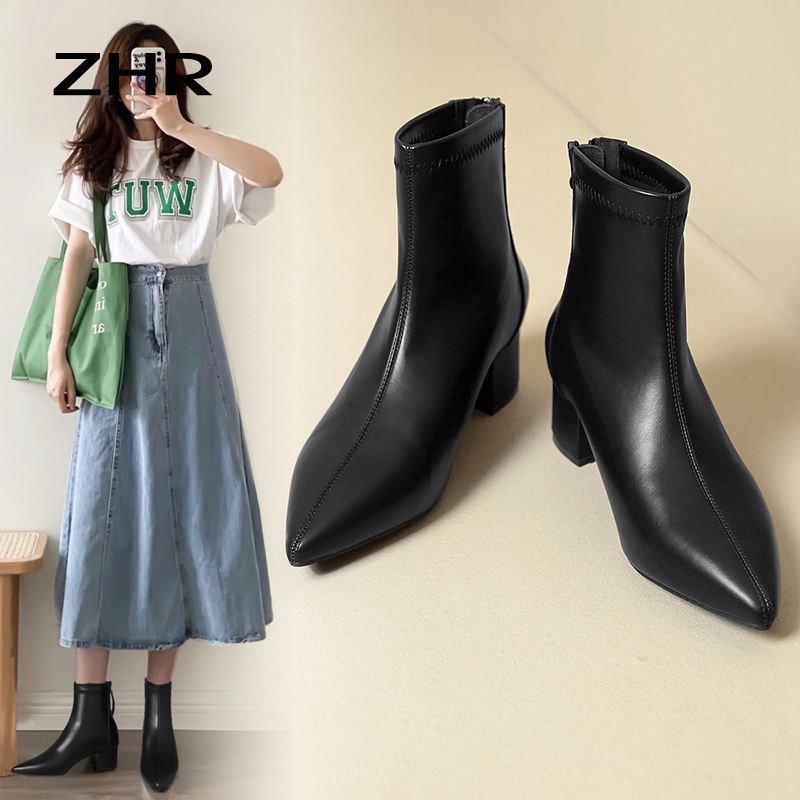 12817182.【ZHR则则】短靴尖头后拉链粗跟女鞋[PU]