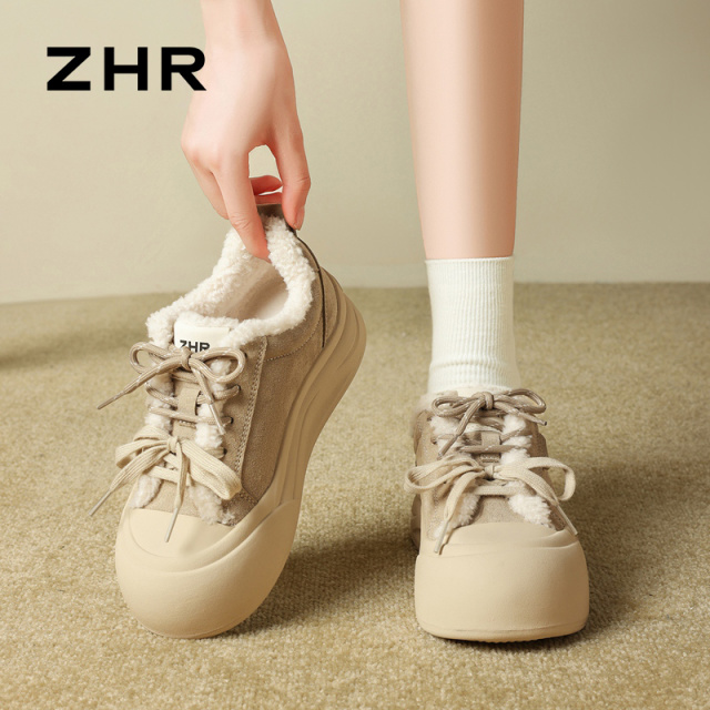 12817164.【ZHR则则】休闲鞋圆头系带平底女鞋[牛纤绒+羊羔毛]