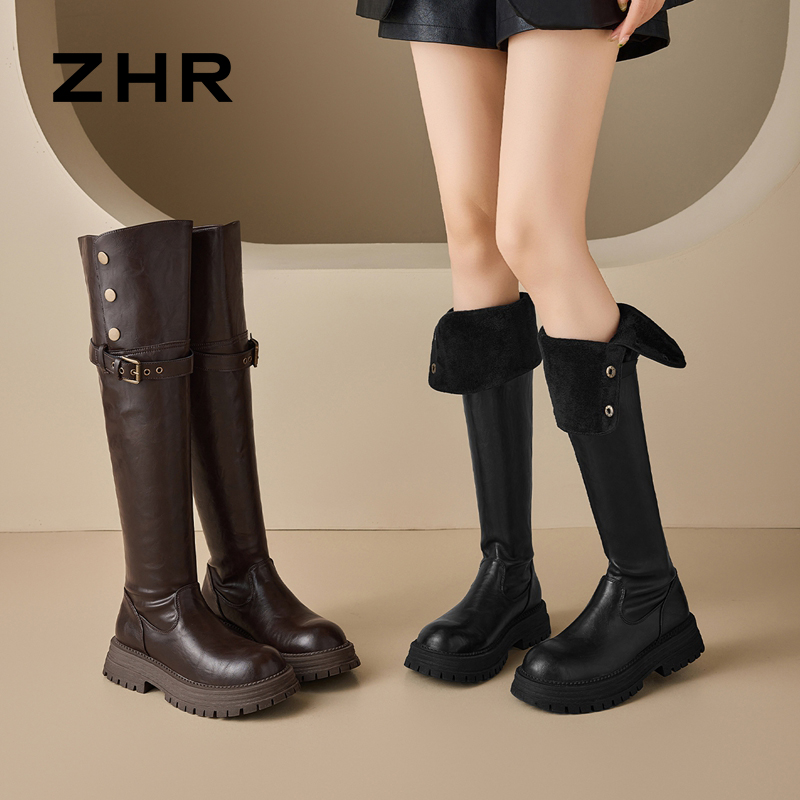 13796781.【ZHR则则】长筒靴圆头毛绒套脚厚底女鞋[PU]