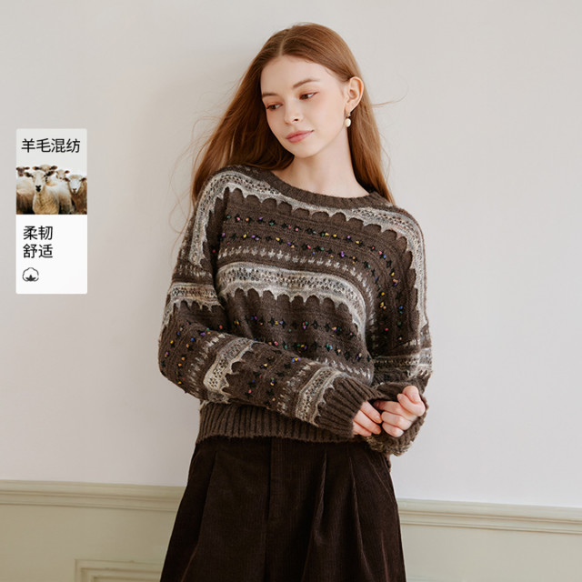 12827225.2025冬装复古彩色条纹针织衫女美拉德含羊毛套头毛衣