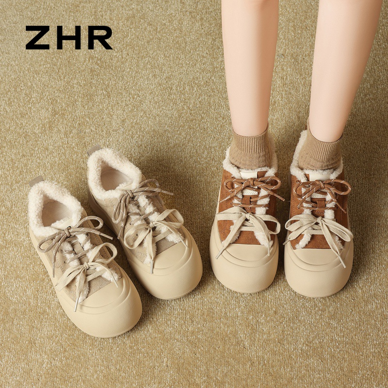 12817164.【ZHR则则】休闲鞋圆头系带平底女鞋[牛纤绒+羊羔毛]