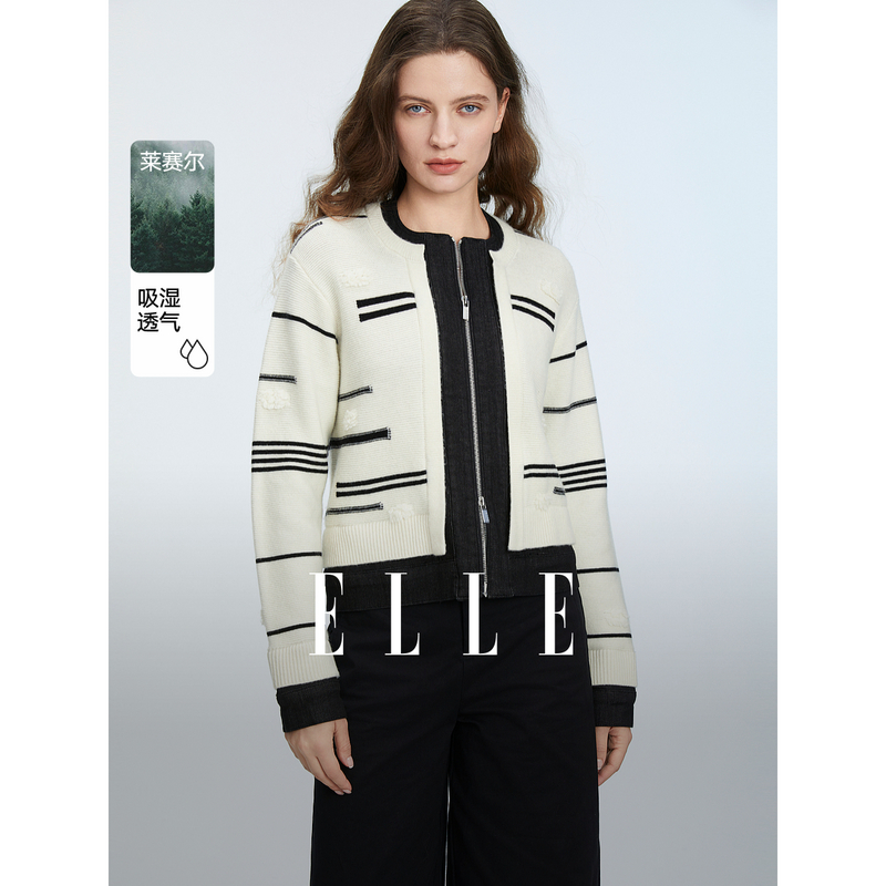 12817602.ELLE【商家同款】牛仔拼接针织衫文艺休闲风外套女