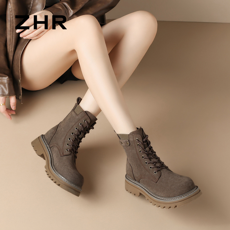 12817315.【ZHR则则】工装靴圆头系带厚底女鞋[牛纤绒+松紧带]
