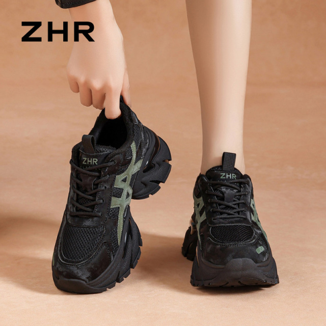 12817155.【ZHR则则】老爹鞋圆头系带厚底女鞋[PU+网布]