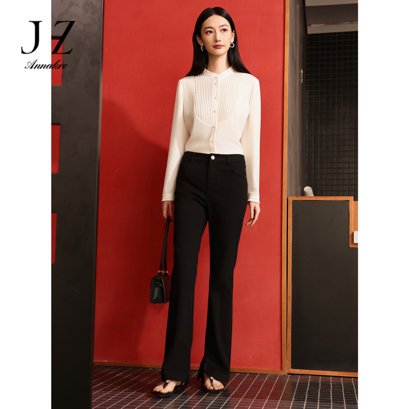 12815863.商场同款JZ玖姿时尚感微喇开叉牛仔裤女装秋季新款JWEQ12108