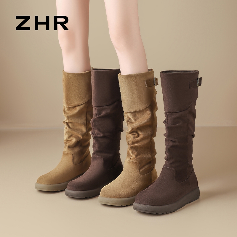 13796791.【ZHR则则】长筒靴圆头绒面套脚厚底女鞋[羊京绒]