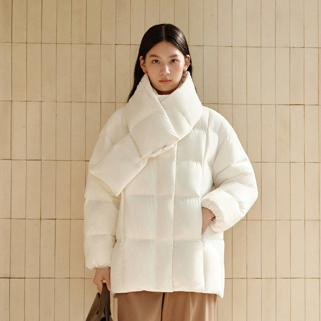 12820579.艾莱依泡芙中长款可脱卸围巾时尚加厚气质羽绒服女款