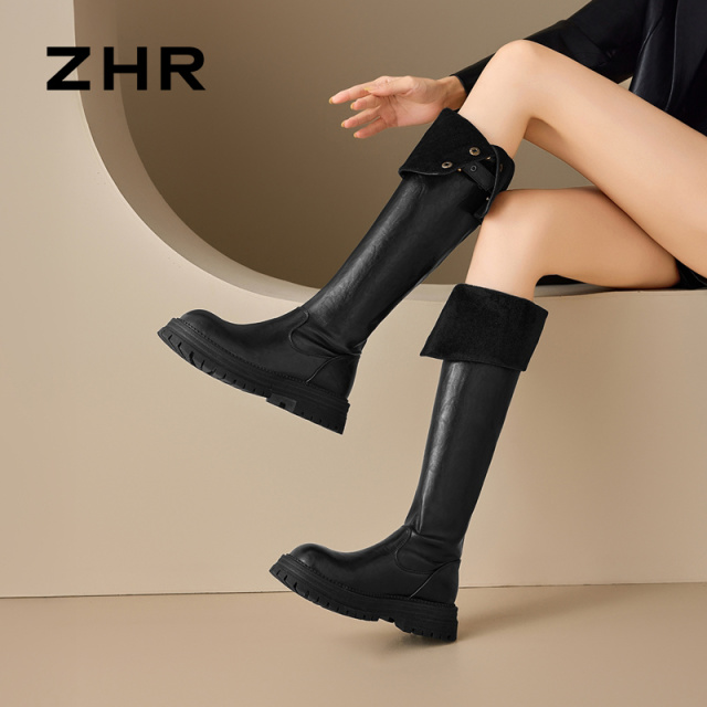 13796781.【ZHR则则】长筒靴圆头毛绒套脚厚底女鞋[PU]