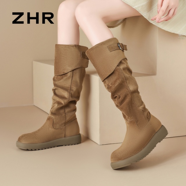13796791.【ZHR则则】长筒靴圆头绒面套脚厚底女鞋[羊京绒]