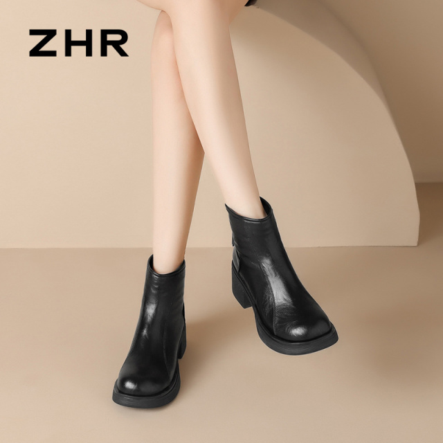 12817176.【ZHR则则】短靴圆头后拉链粗跟女鞋[超纤]