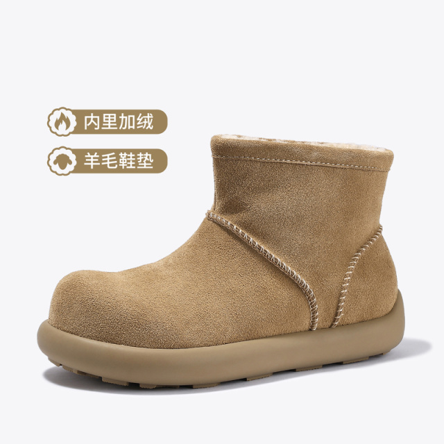12822738.BellaLily2025冬季新款磨砂牛皮丑萌大头雪地靴加绒保暖勃肯棉靴