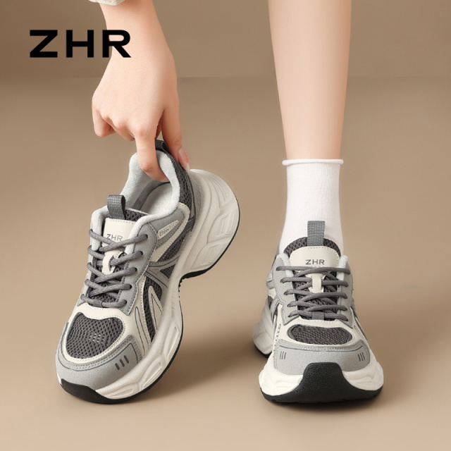 12821858.【ZHR则则】老爹鞋圆头系带厚底女鞋[PU+网布]