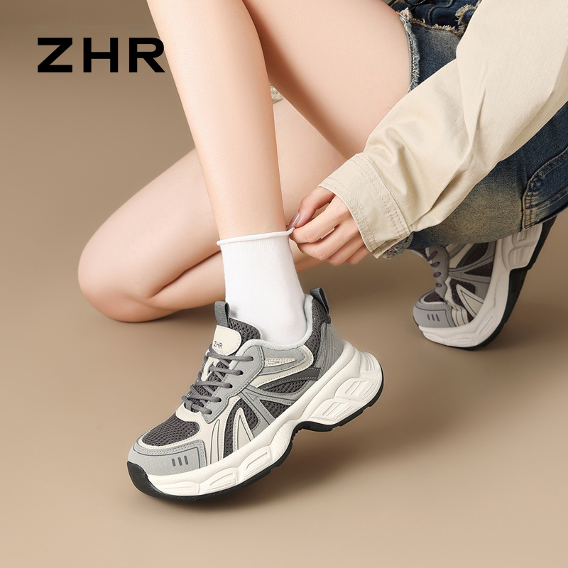 12821858.【ZHR则则】老爹鞋圆头系带厚底女鞋[PU+网布]