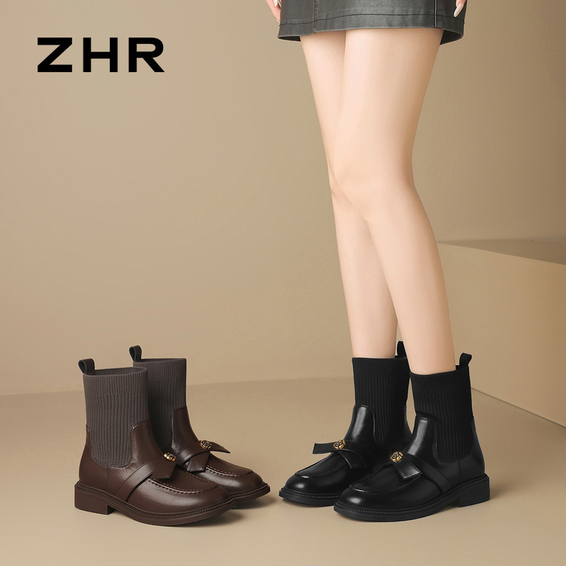 12829785.【ZHR则则】弹力靴圆头套脚厚底女鞋[PU+飞织布]