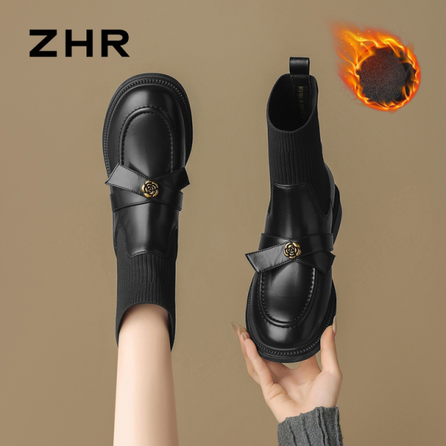 12829785.【ZHR则则】弹力靴圆头套脚厚底女鞋[PU+飞织布]