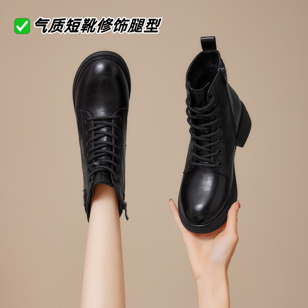 12842840.热风HOTWIND秋冬季单里系带显瘦马丁靴粗跟短筒女靴不累脚通勤鞋时尚百搭女鞋