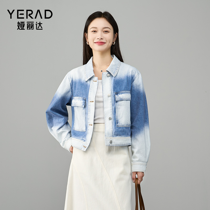 12830128.【娅丽达】时尚渐变冷转印长袖牛仔外套女复古小个子上衣