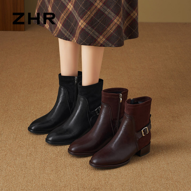 12829771.【ZHR则则】短靴圆头侧拉链粗跟女鞋[PU+绒布]