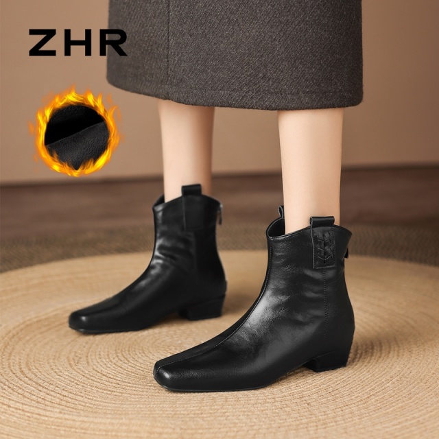 12829764.【ZHR则则】短靴方头后拉链粗跟女鞋[PU]