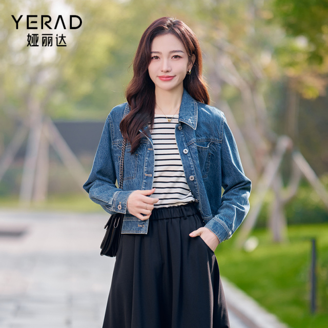 12830116.【娅丽达】复古翻领休闲牛仔外套女士高级感夹克短款上衣