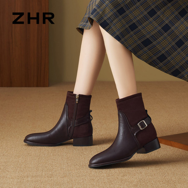12829771.【ZHR则则】短靴圆头侧拉链粗跟女鞋[PU+绒布]