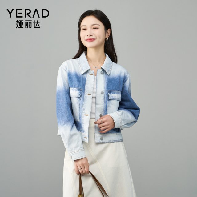 12830128.【娅丽达】时尚渐变冷转印长袖牛仔外套女复古小个子上衣