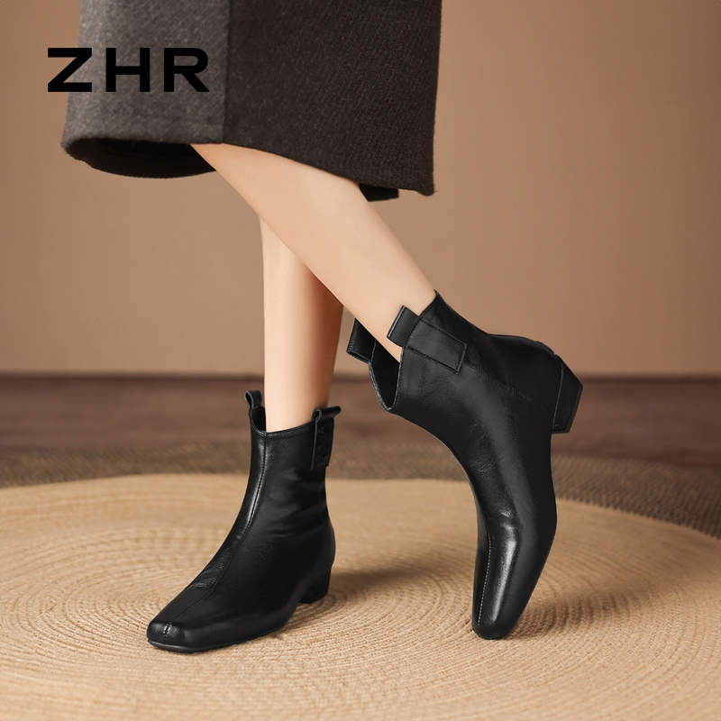 12829764.【ZHR则则】短靴方头后拉链粗跟女鞋[PU]