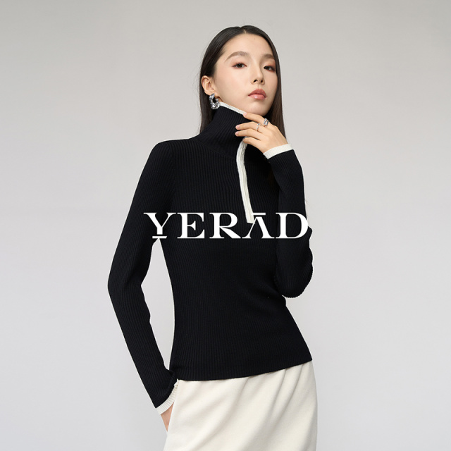 12846670.【娅丽达】高智翻领撞色含羊毛针织衫女内搭毛衣简约外套