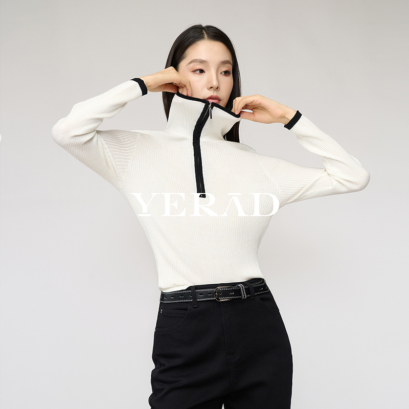 12846670.【娅丽达】高智翻领撞色含羊毛针织衫女内搭毛衣简约外套