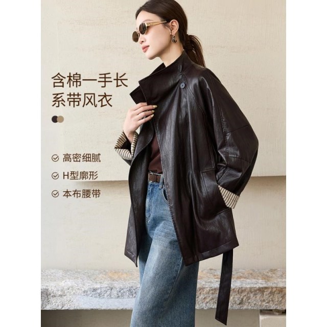 12847237.【沫晗依美】【气质日奢】立领可做大翻领插肩袖袖口撞色格纹一手长系带风衣