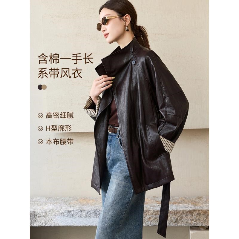 12847237.【沫晗依美】【气质日奢】立领可做大翻领插肩袖袖口撞色格纹一手长系带风衣