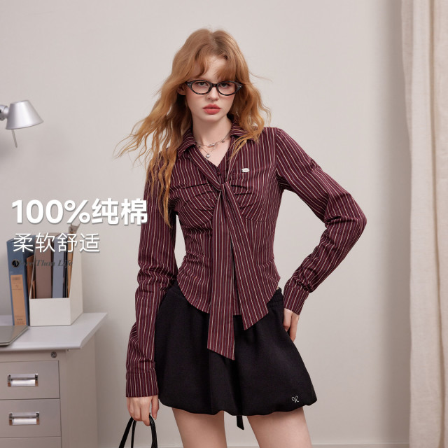 12851255.【25年秋款100%棉】美式复古性感辣妹不规则下摆条纹衬衫带领带U253D187V1V1