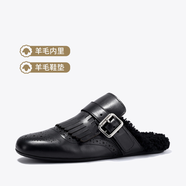 12851219.BellaLily2025冬季新款布洛克流苏勃肯拖鞋保暖毛毛鞋舒适一脚蹬