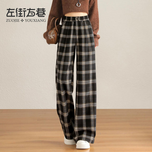 13001300.【左街右巷】复古格纹毛呢百搭休闲裤女新款直筒阔腿裤