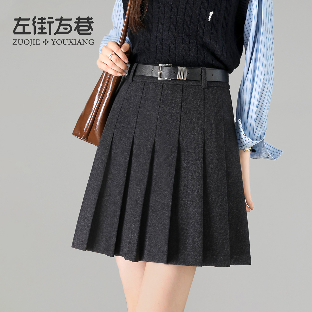 13001825.【左街右巷】学院风毛呢百褶裙小个子毛呢半身裙冬新款a字版短裙
