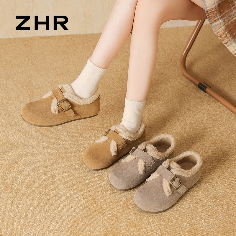13800180.【ZHR则则】勃肯鞋圆头毛绒魔术贴平底女鞋[牛纤绒]