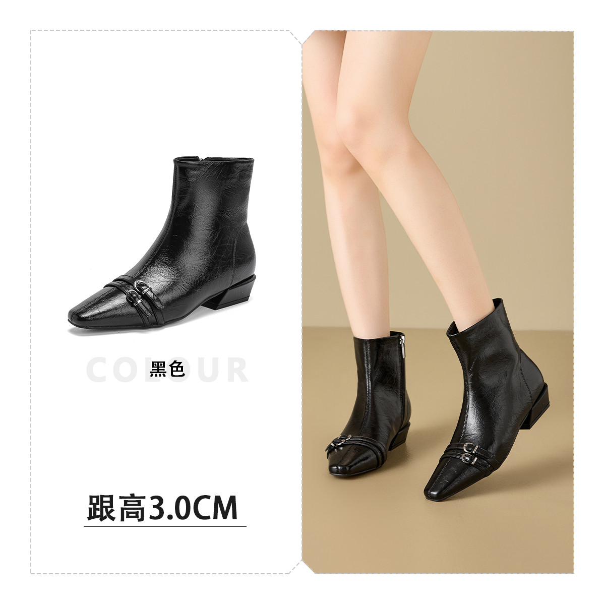 12869053.法式复古方头短靴女秋冬款粗跟显瘦简约时尚百搭时装切尔西靴