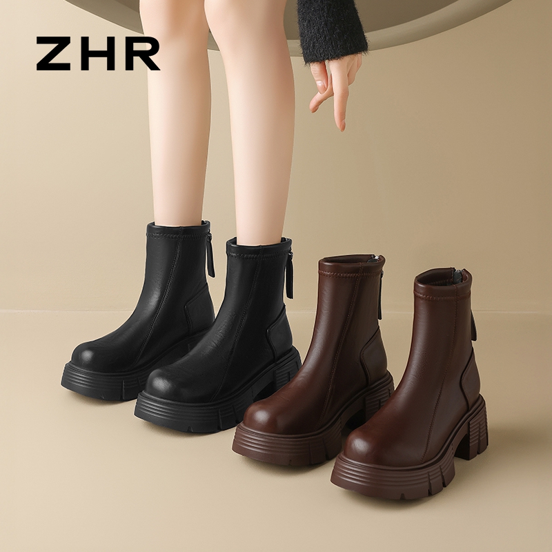 12859462.【ZHR则则】短靴圆头后拉链厚底女鞋[PU]