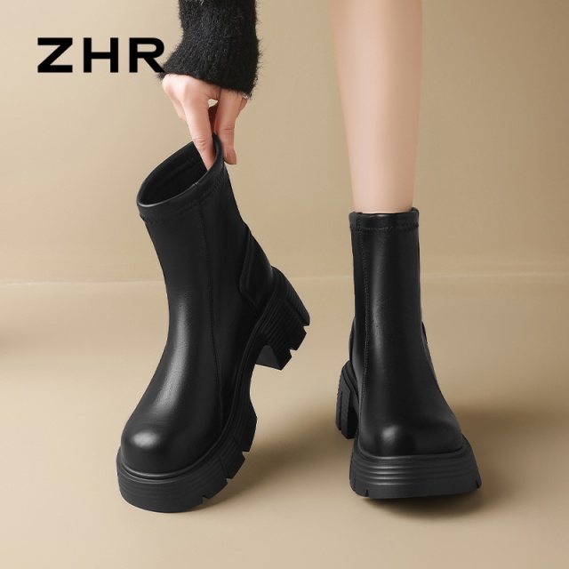 12859462.【ZHR则则】短靴圆头后拉链厚底女鞋[PU]