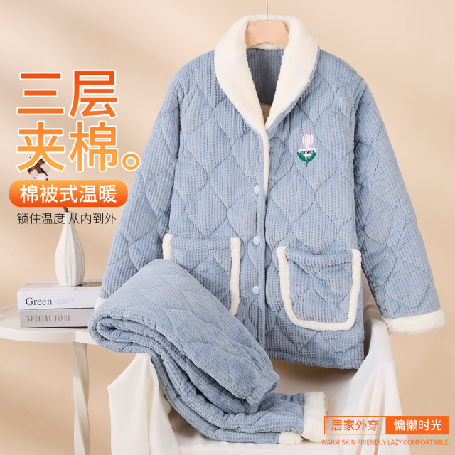 12868441.【三层夹棉加厚】睡衣女冬季开衫长袖棉服保暖家居服套装女可外穿