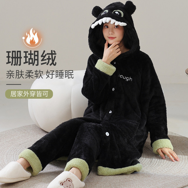 12869209.【连帽小怪兽长袍套装】睡衣女加厚珊瑚绒家居服套装秋冬可外穿