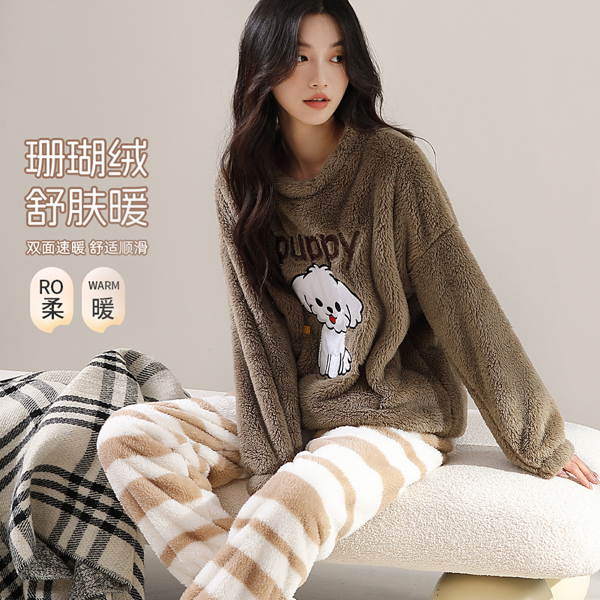 12867673.【加绒加厚 趣味印花】睡衣女冬季保暖珊瑚绒家居服套装女可外穿